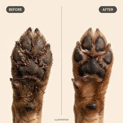 Illustration of a muddy paw before and a clean paw after