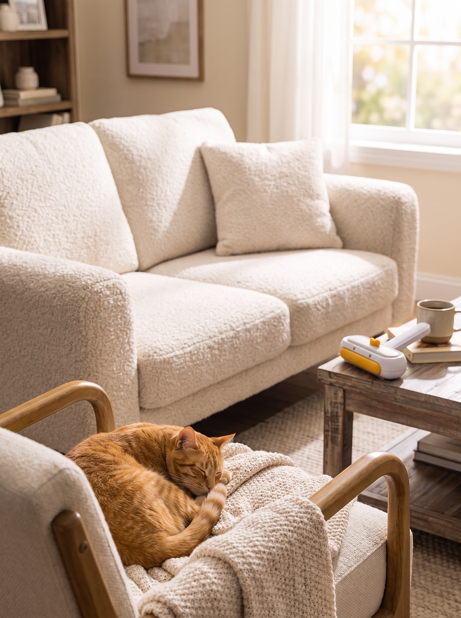 Hair free sofa with a cat resting beside it