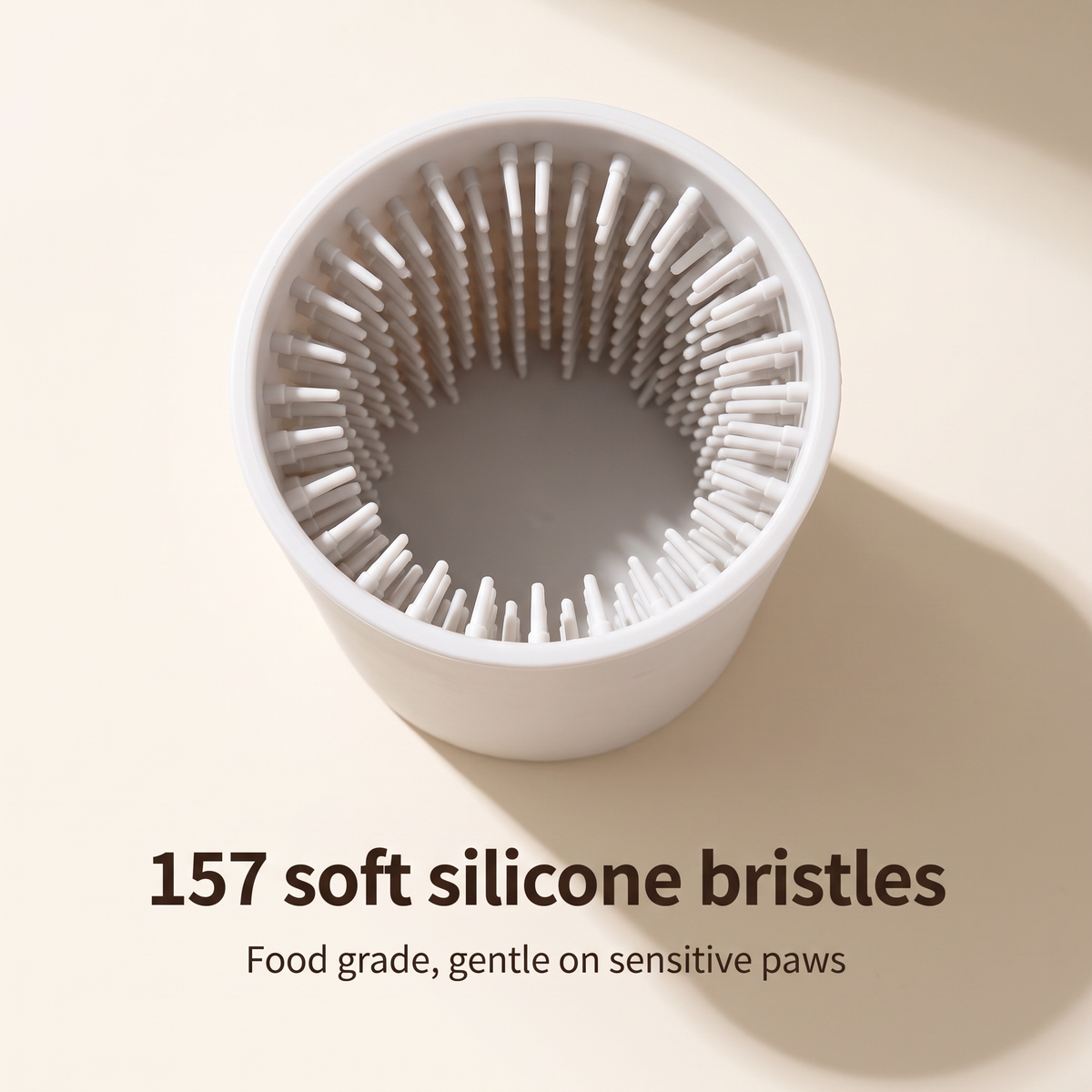 157 soft food grade silicone bristles, gentle on sensitive paws