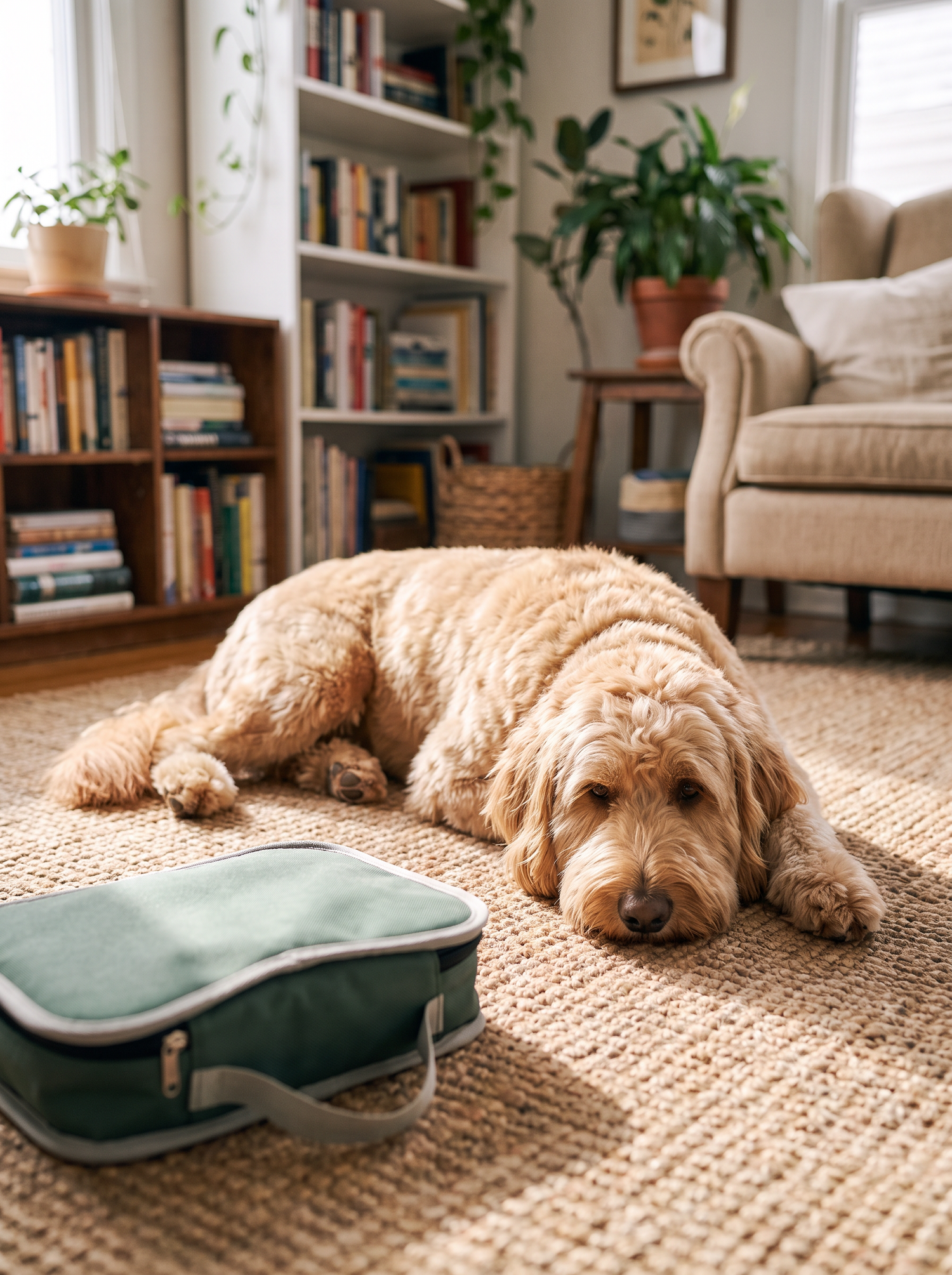 Well groomed dog resting with the Sidekick grooming case nearby