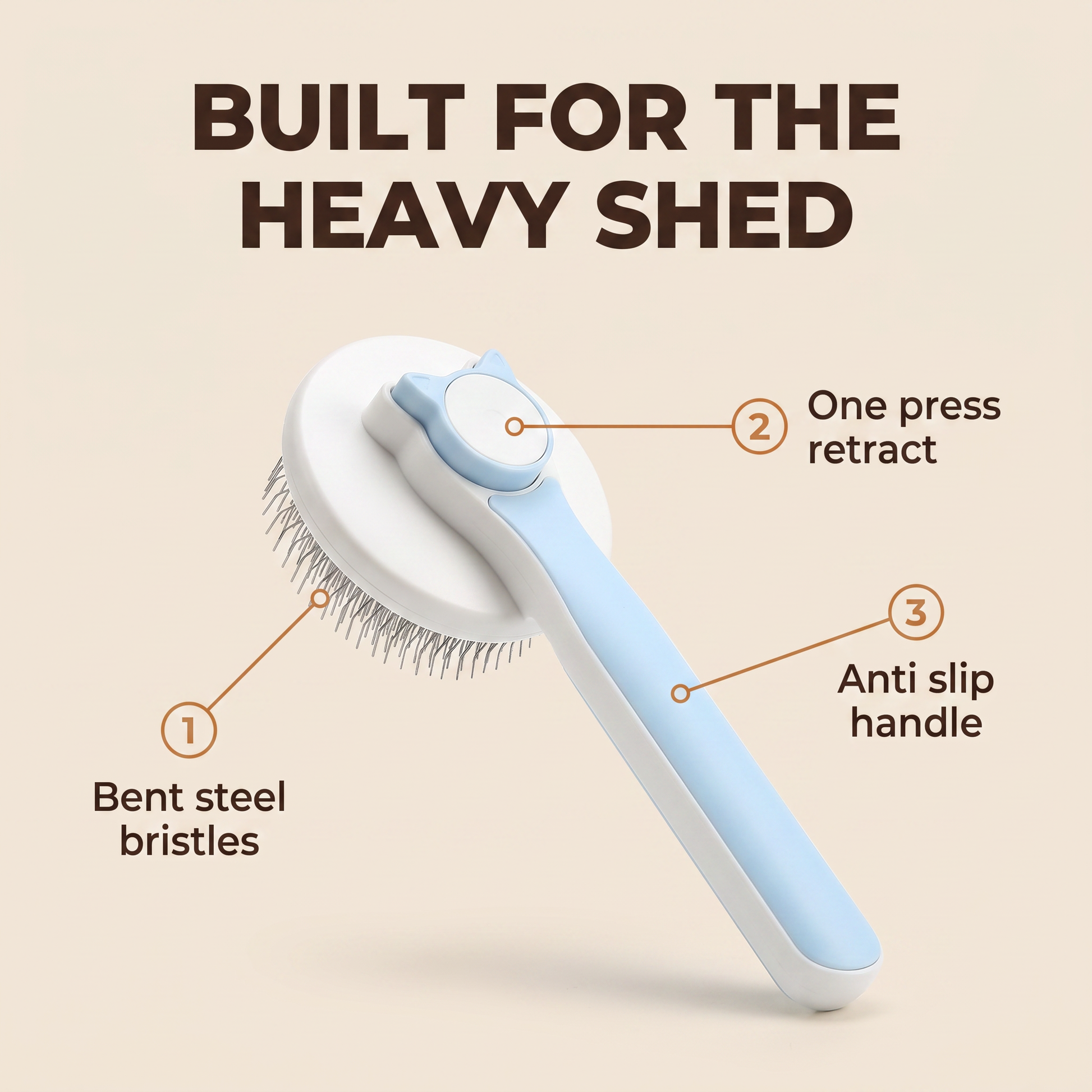 Sidekick deshedding brush labelled: bent steel bristles, one press retract, anti slip handle