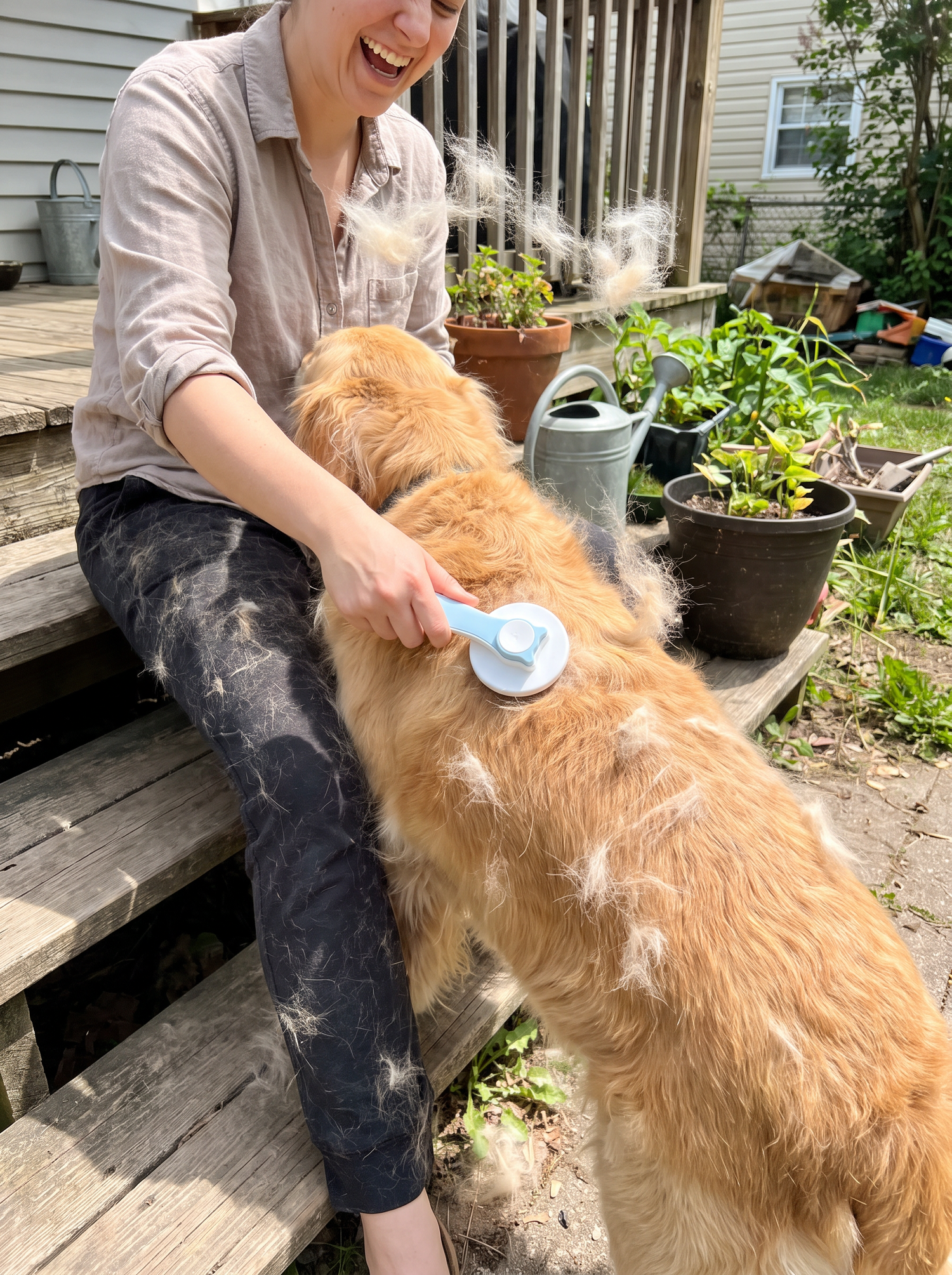 Deshedding brush clearing loose undercoat from a moulting dog