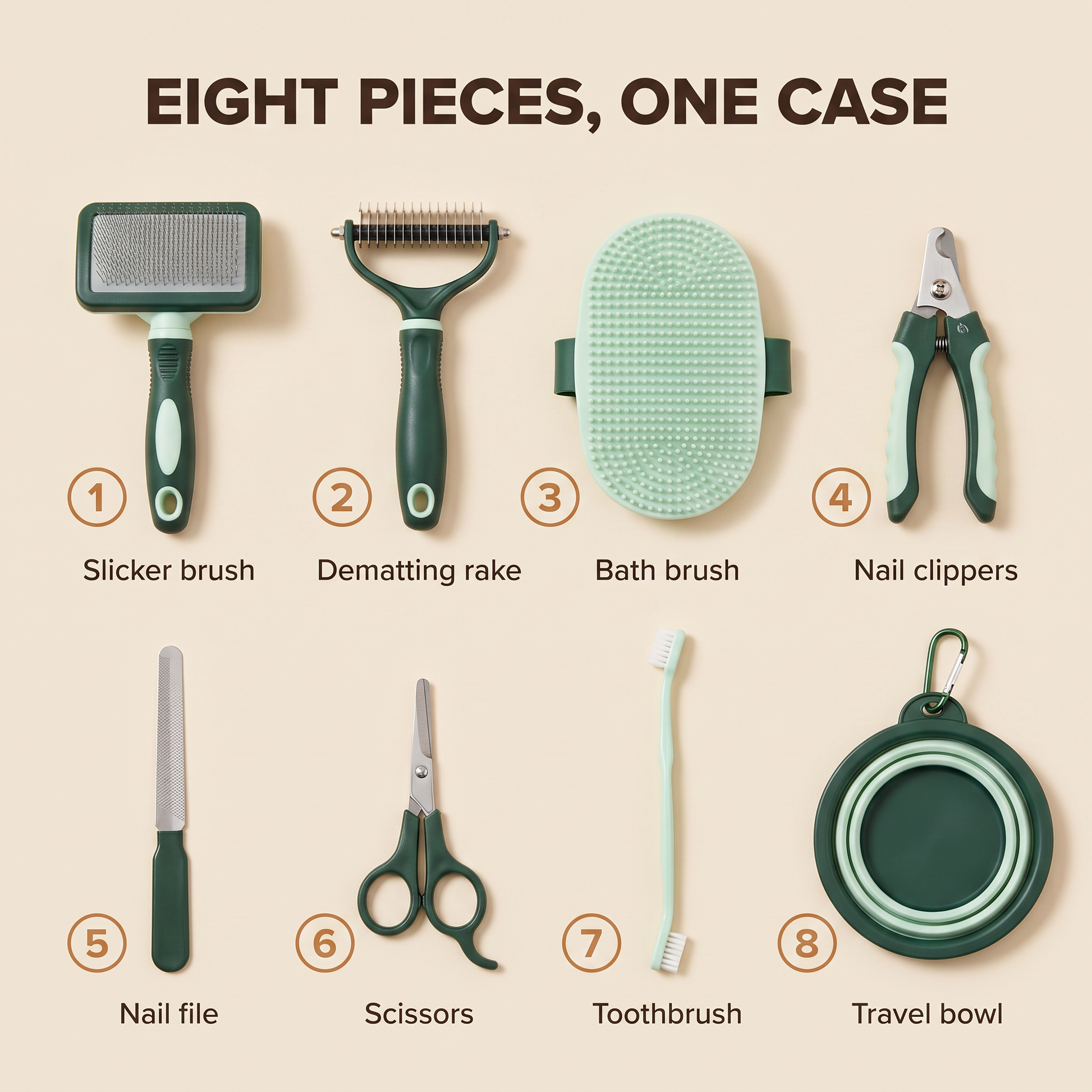 The eight pieces in the Sidekick grooming kit: slicker brush, dematting rake, bath brush, nail clippers, nail file, scissors, toothbrush and travel bowl