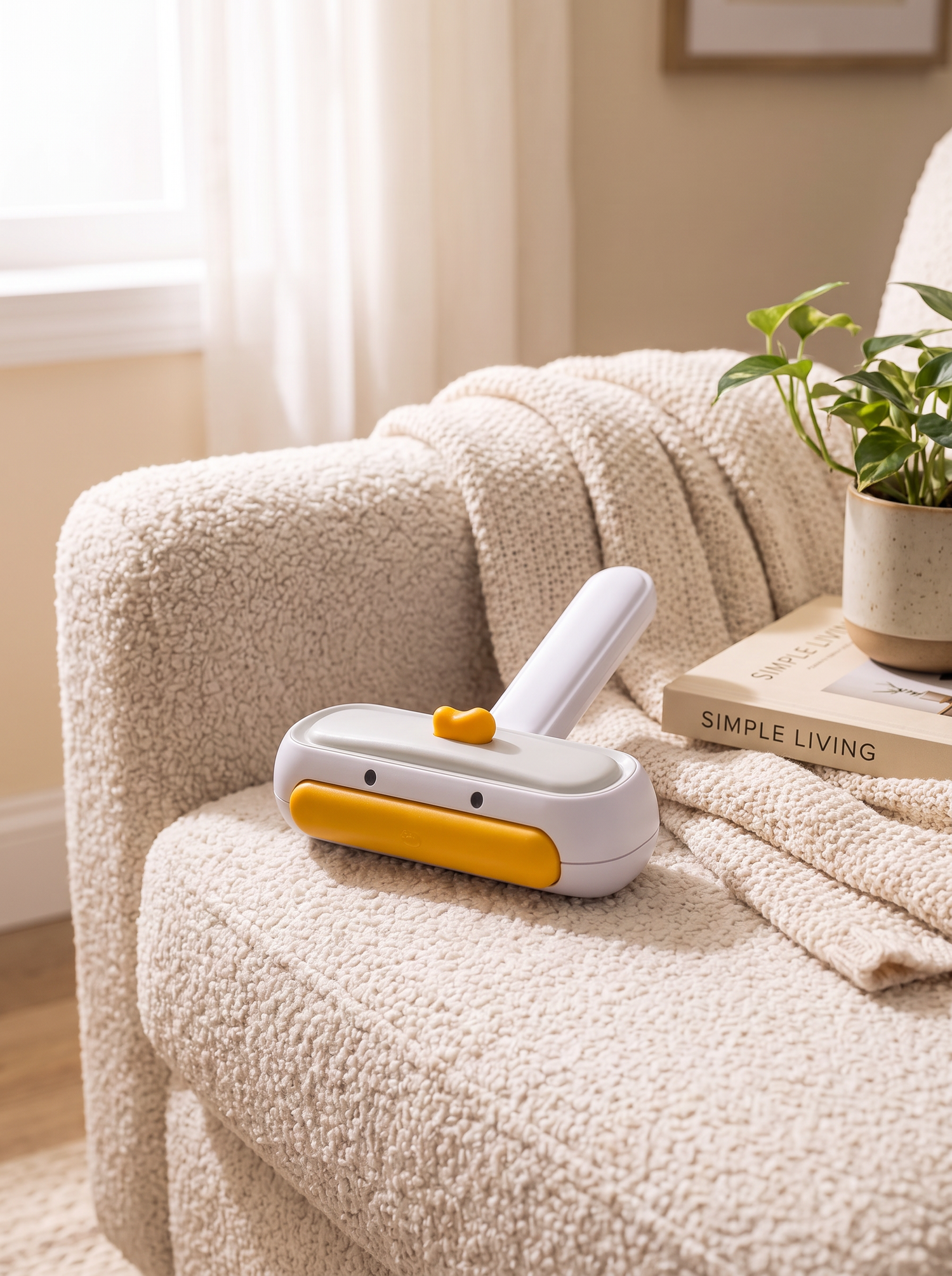 Reusable lint roller resting on a linen sofa arm