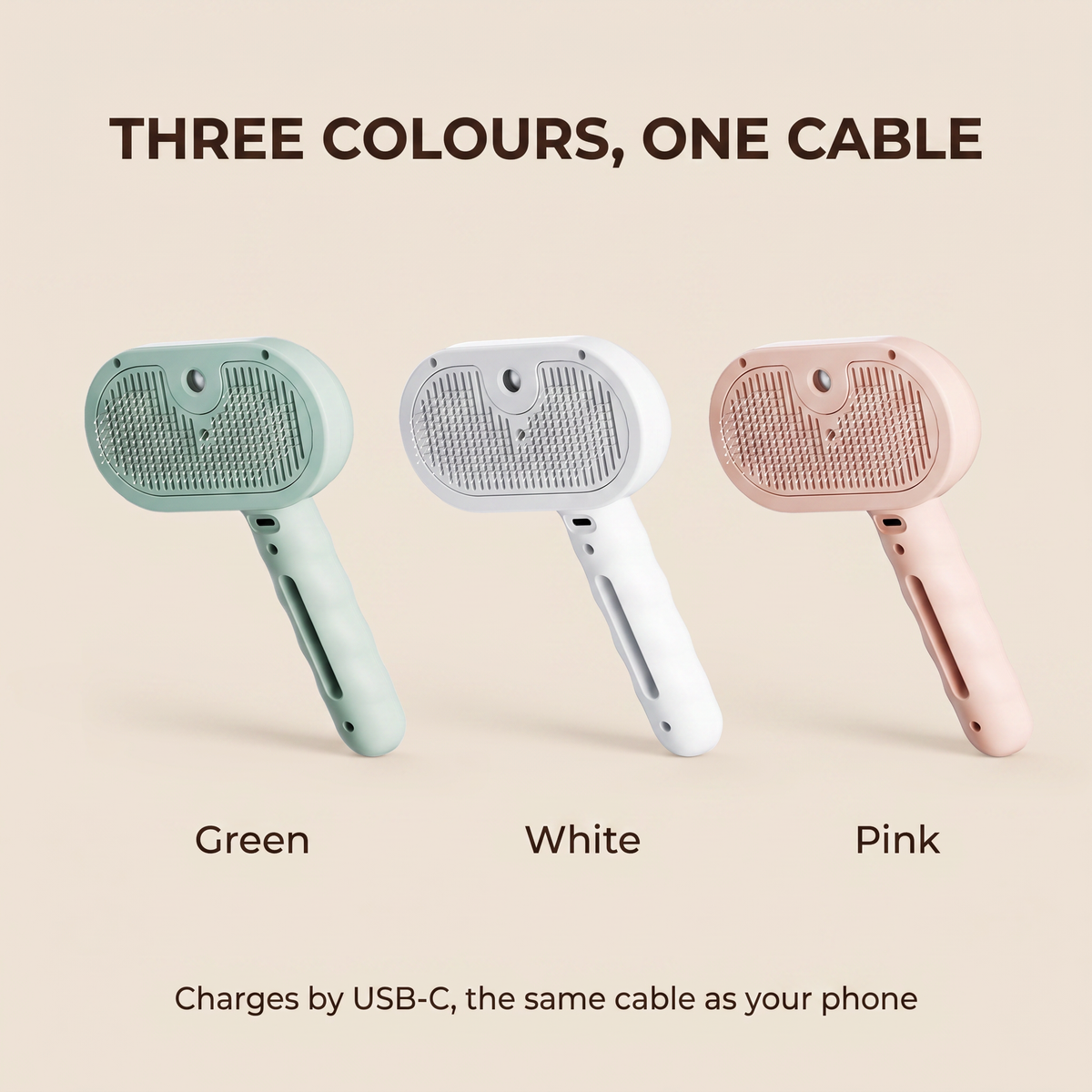 Three colours, one cable. Green, white or pink, charged by USB-C