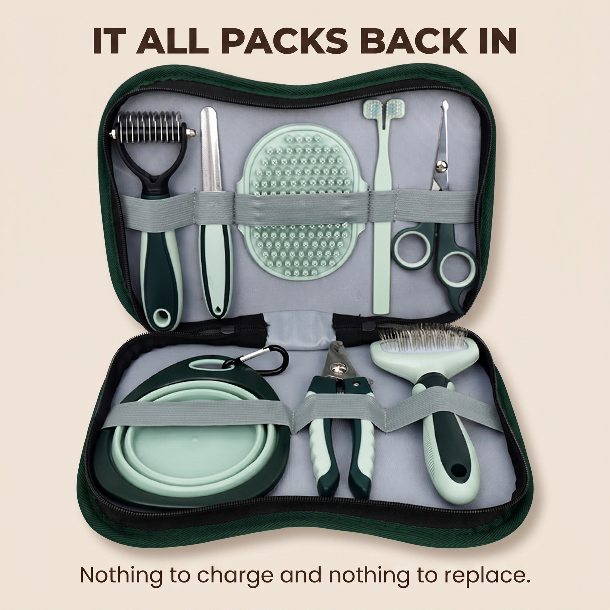 All eight tools packed back into the open zip up case