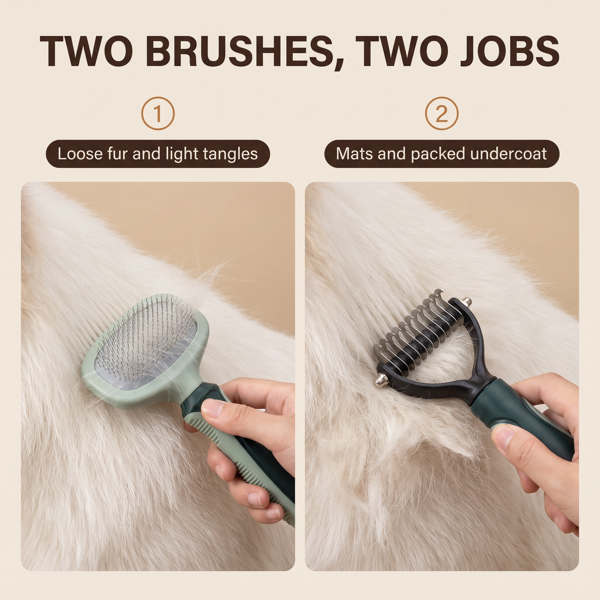 The slicker brush for loose fur and light tangles, the dematting rake for mats and packed undercoat