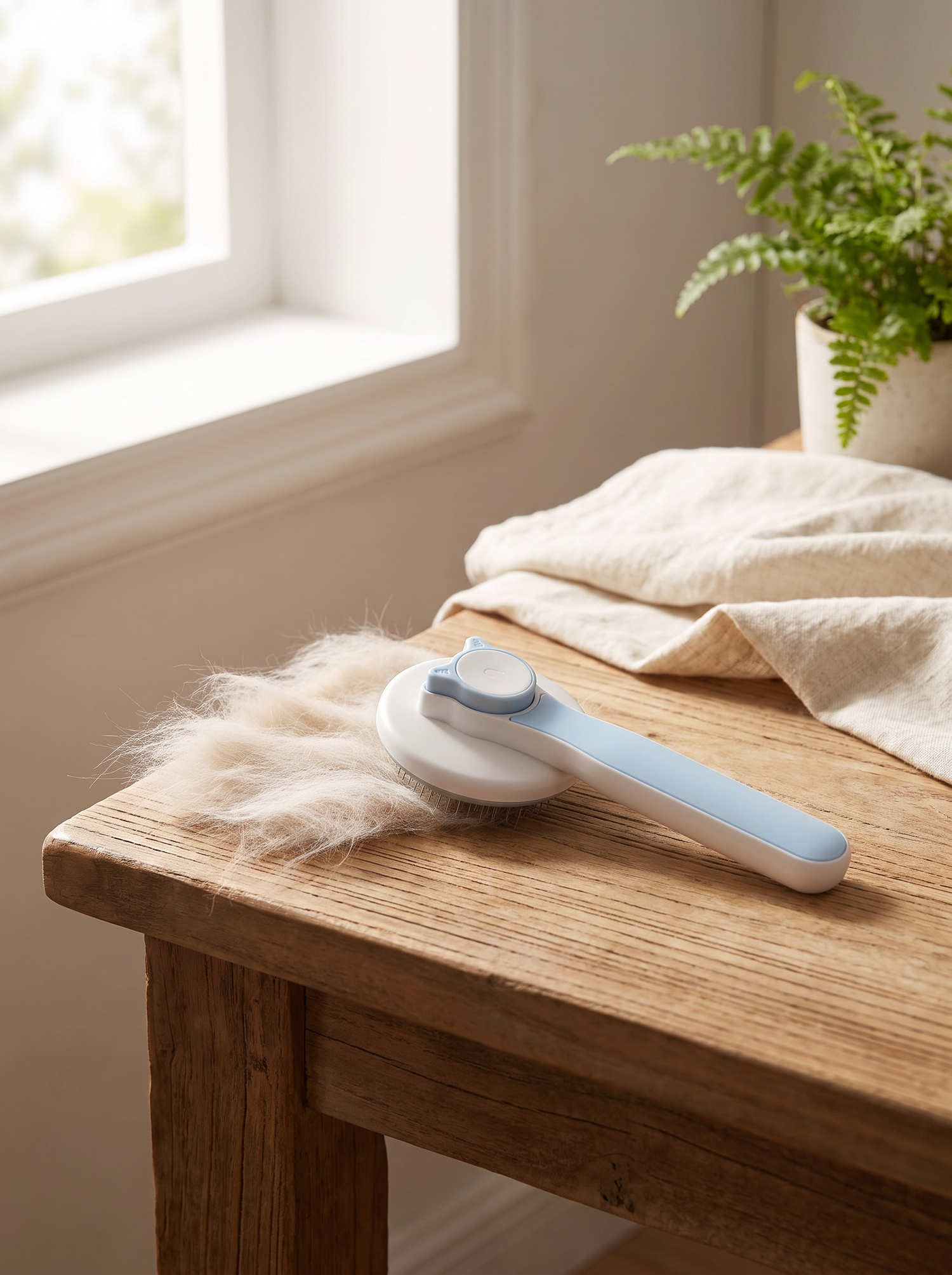 Deshedding brush on a bench with a clean sheet of collected fur